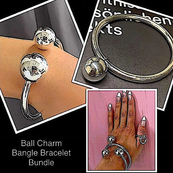 Ball Charm Sterling Silver Bangle Bracelet Ring Set - Picture 1 of 14